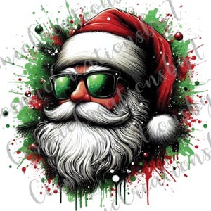 Hipster kerstman met zonnebril - feestelijke vakantie digitale kunst png voor T-shirts en kerstdecor - digitale download, png-ontwerp, dtf, htv
