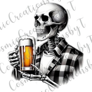 Clipart de esqueleto bebiendo cerveza - Arte digital de Halloween - Descarga digital