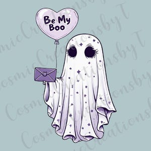 Be My Boo Ghost houdt ballon en envelop vast PNG: digitale download leuke Halloween