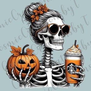 Halloween Skeleton with Pumpkin and Coffee PNG - Fall Decor, Spooky Season Art, Digital Download, PNG Design, Sublimation, Dtf, Htv