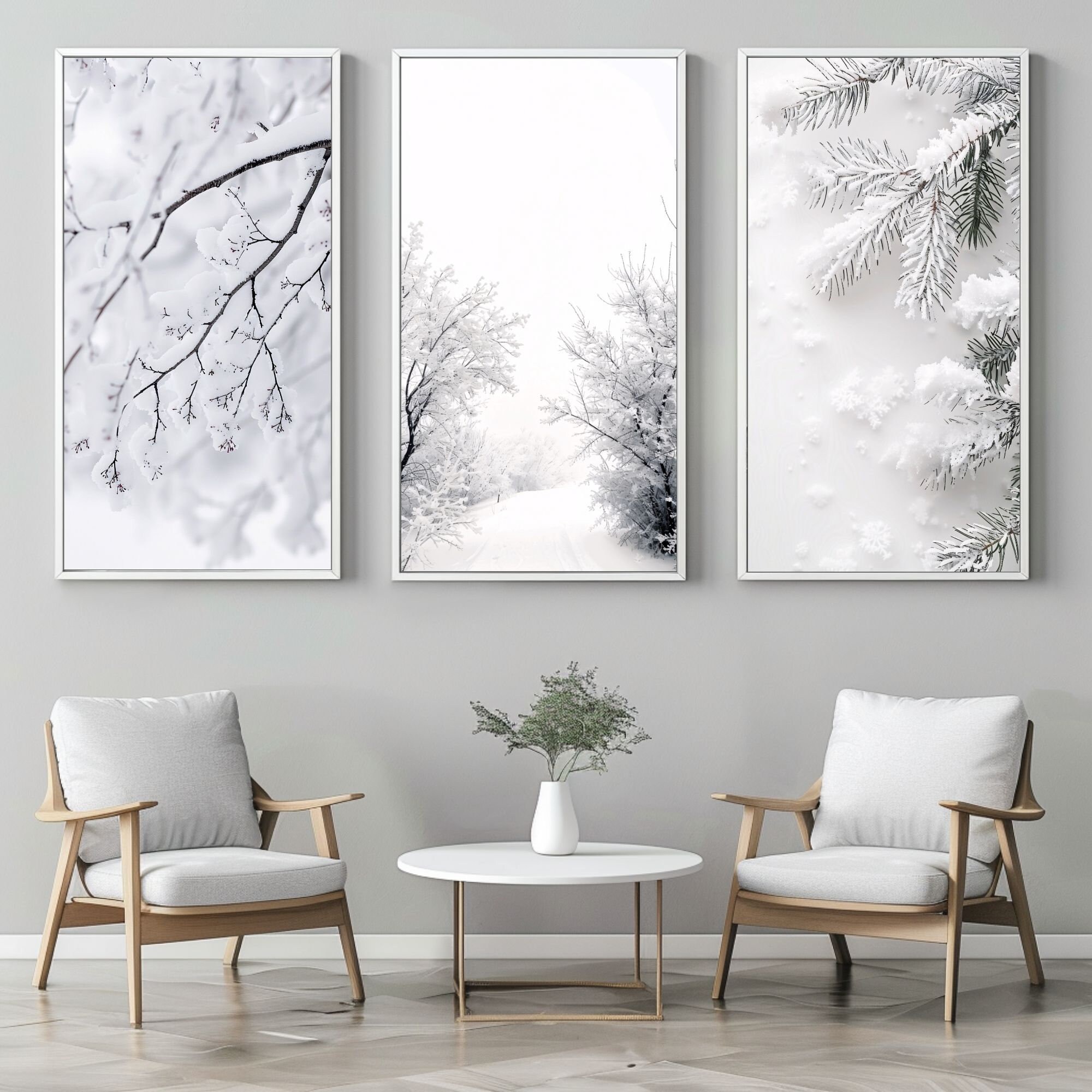 Set 3 of Snow, Urban Chic Gray Wall Decor, Contemporary Condo White