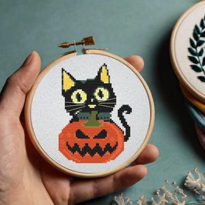Halloween Black Cat and Pumpkin Cross Stitch Pattern