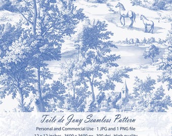Dusty Blue Toile de Jouy Horses Pattern PNG for Fabric, Wall Art & Sublimation
