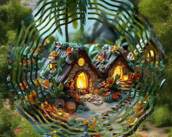 Glowing Gnome Houses Wind Spinner Sublimation Design (PNG)