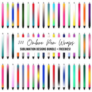 May include: 300 ombre pen wraps sublimation designs bundle + freebies! A collection of 300 digital designs featuring ombre pen wraps in various colors.