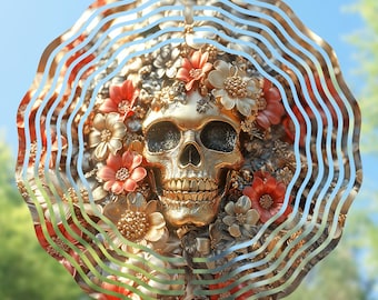 Floral Gold Skull Wind Spinner PNG, Halloween Sublimation Design (Digital Download)