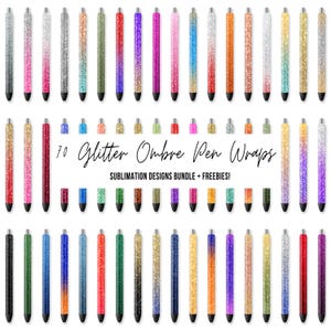 May include: 70 sublimation designs for glitter ombre pen wraps. The designs feature a variety of colors and glitter patterns.