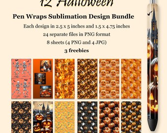Halloween pen wraps PNG, Fall Sublimation Pen Wrap Bundle PNG, Epoxy Pen Wrap Designs with Glitter, Ghosts and Pumpkins, Digital Download