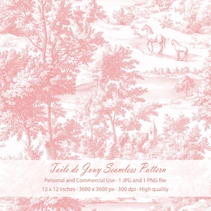 May include: A seamless Toile de Jouy pattern in light pink and white featuring a landscape with trees, a small building, and two horses. The text reads: Toile de Jouy Seamless Pattern, Personal and Commercial Use, 1 JPG and 1 PNG file, 30.48 x 30.48 cm, 3600 x 3600 px, 300 dpi, High quality.