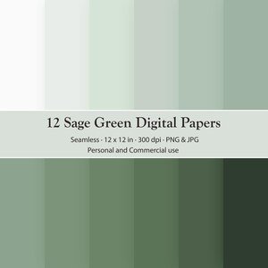 May include: A collection of 12 sage green digital papers featuring a gradient of vertical stripes ranging from light off-white to deep forest green. The text reads 12 Sage Green Digital Papers, Seamless, 12 x 12 in, 300 dpi, PNG & JPG.