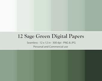 Sage Green Solid Color Digital Paper Pack, 12 Printable Backgrounds PNG JPG (Digital Download)