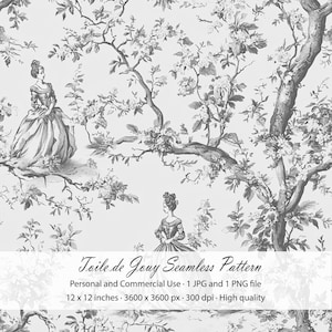 May include: A seamless Toile de Jouy pattern featuring dark gray illustrations of figures in period clothing standing among flowering trees on a light gray background. Text reads: Toile de Jouy Seamless Pattern, Personal and Commercial Use, 1 JPG and 1 PNG file, 12 x 12 inches, 3600 x 3600 px, 300 dpi, High quality.
