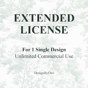 May include: A digital document titled EXTENDED LICENSE with the text For 1 Single Design Unlimited Commercial Use and DesignByOwl at the bottom. The background features a light green and white toile pattern with trees and landscape imagery.