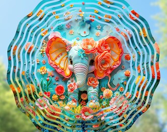 3D Elephant Wind Spinner, Floral Sublimation Design (PNG)