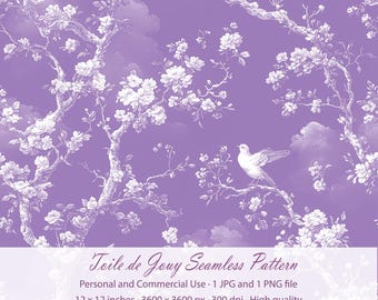 Lavender Chinoiserie Toile de Jouy Seamless Pattern with Birds for POD & Product Design