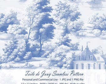 Dusty Blue Toile de Jouy Seamless Background PNG & JPG for Graphic and Surface Design
