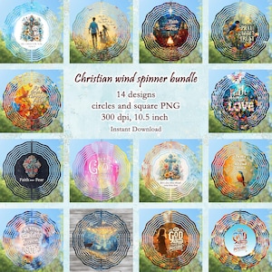 May include: A collection of 14 Christian wind spinners with various designs, including crosses, inspirational quotes, and nature scenes. Each spinner is approximately 10.5 inches in diameter and features a wavy edge. The image includes the text "Christian wind spinner bundle".