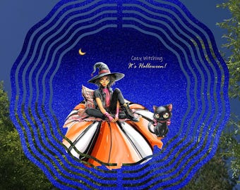 Witchy Halloween Wind Spinner Sublimation Design, Cozy Glitter Halloween PNG Wind Spinner, Cat Halloween Pumpkin PNG, Digital Download