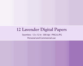 Könnte beinhalten: Eine Sammlung von 12 digitalen Lavendel-Papieren mit vertikalen Farbverläufen in verschiedenen Violetttönen. Der Text lautet 12 Lavender Digital Papers, Seamless, 12 x 12 in, 300 dpi, PNG & JPG, Personal and Commercial use.