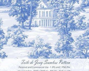 Vintage Dusty Blue Toile de Jouy Seamless Texture for Fabric, Planners, Wallpapers and more
