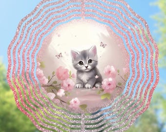Cute Kitten Wind Spinner PNG, Gray Cat Flowers Design (Digital Download)