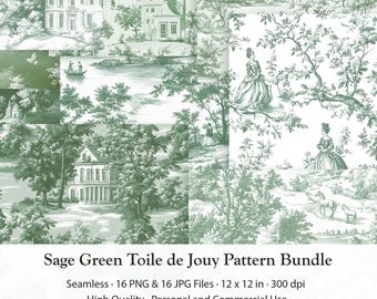Sage Green Toile de Jouy Seamless Pattern Bundle, 16 Designs in PNG JPG for Fabric, Sublimation and more (Digital Download)