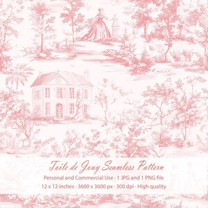 Peut inclure: Un motif sans couture présentant un design toile de Jouy rose et blanc avec une grande maison, des arbres et une silhouette en robe. Le texte indique : Toile de Jouy Seamless Pattern, Personal and Commercial Use, 1 JPG and 1 PNG file, 30,48 x 30,48 cm, 3600 x 3600 px, 300 dpi, High quality.