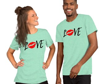 Love Red Lips with black on a Unisex T Shirt, Great Gift for her or him, Soft premium crewneck short sleeve shirt