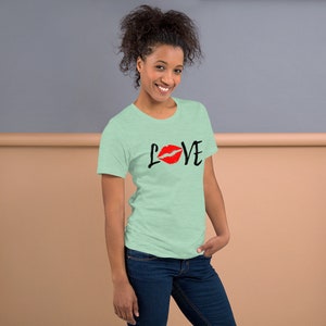 Love Red Lips with black on a Unisex T Shirt, Great Gift for her or him, Soft premium crewneck short sleeve shirt