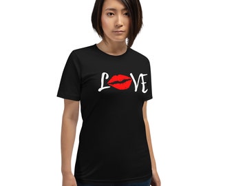 Love Red Lips with white on a Unisex T Shirt, Great Gift for her or him, Soft premium crewneck short sleeve shirt