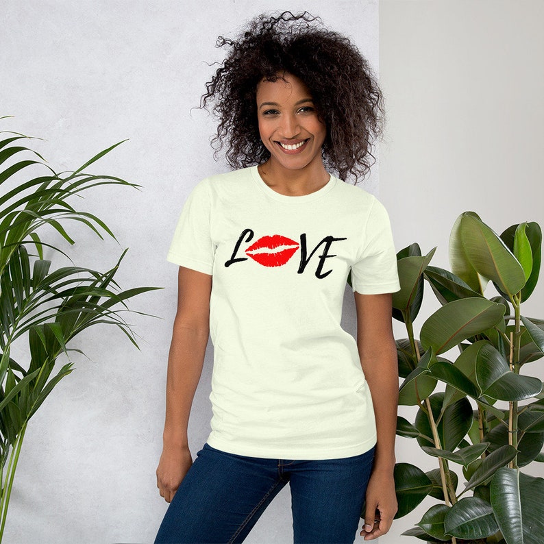 Love Red Lips with black on a Unisex T Shirt, Great Gift for her or him, Soft premium crewneck short sleeve shirt