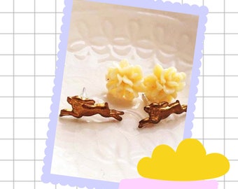 Brass bunnies and flowers set