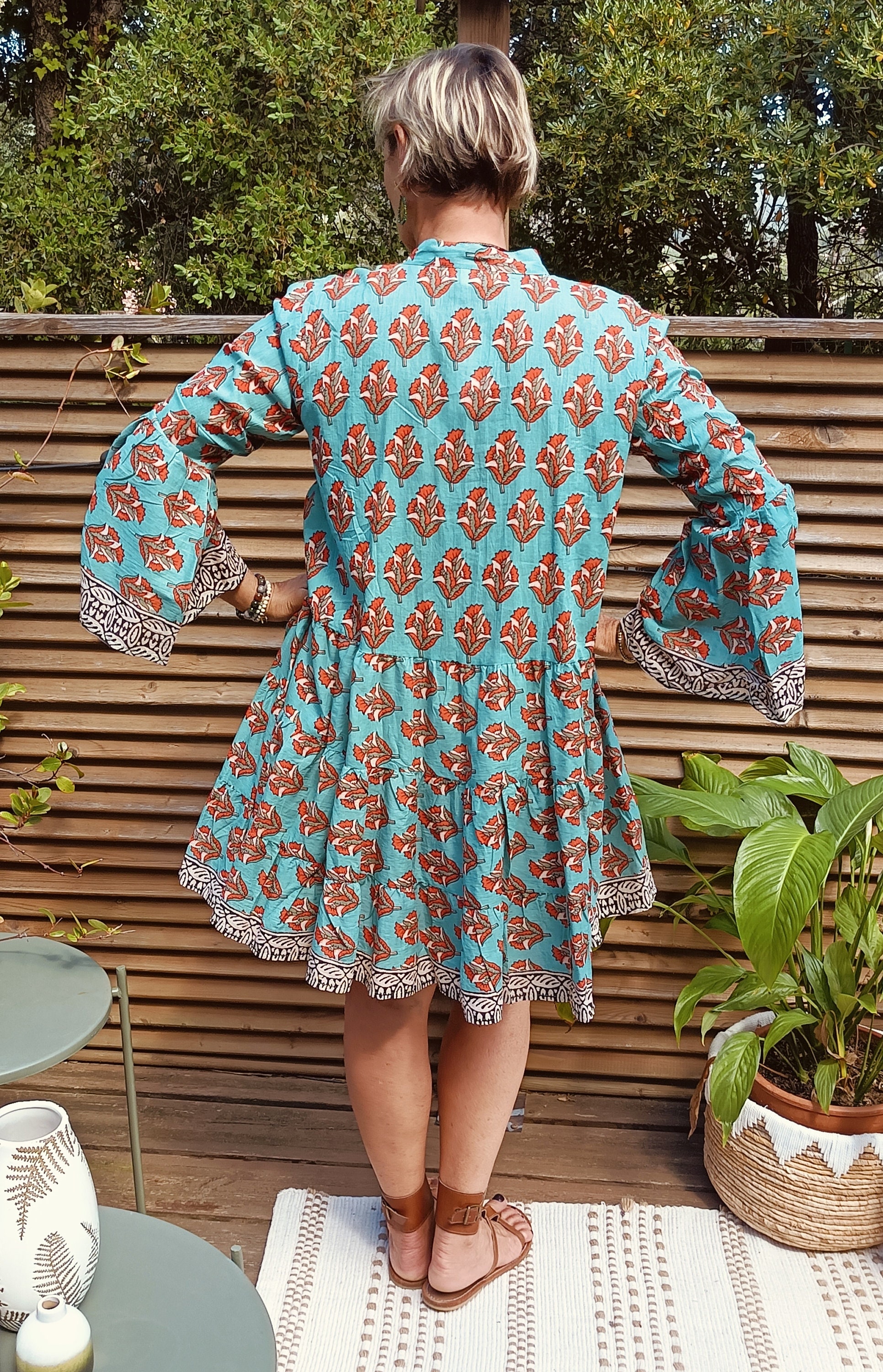 TELMA Short Dress, 3 Ruffles, Flared Sleeves, Water Green and  