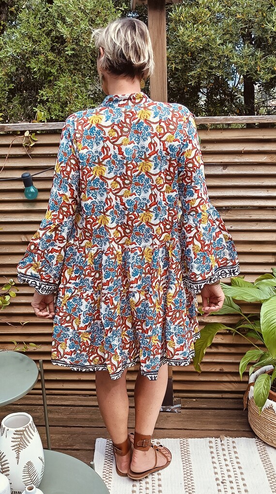 TELMA Short Dress, 3 Ruffles, Flared Sleeves, White Print With  