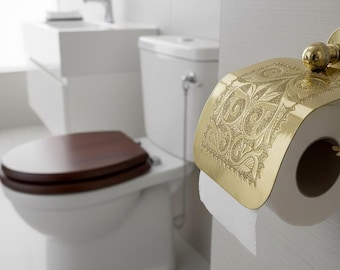 Engraved Solid Brass Toilet Roll Holder, Wall Mounted Cover, Vintage Antique Gold Bath Hardware