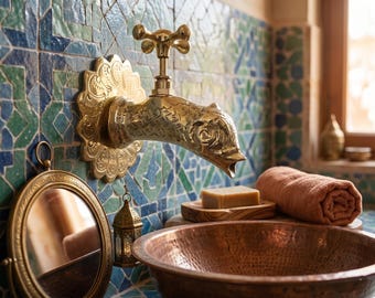 Unlacquered Brass Fish Faucet, Wall Mount Solid Brass Tap with Cross Handles, Handmade Moroccan Engraved Sink Spout for Bathroom or Kitchen
