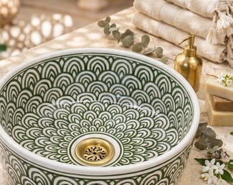 Ceramic Hand-Painted Moroccan Vessel Sink Hand-Crafted Fes Washbasin Emerald Green Fish Scale