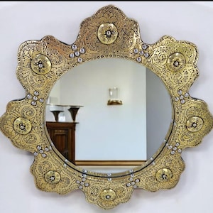Handmade Moroccan Brass Mirror: Antique Engraved Wall Decor