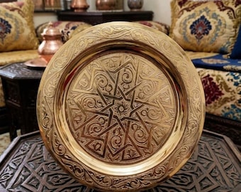 Moroccan Engraved Brass Tray Round 16-inch Solid Hand-Hammered Tea Serving Table Decor