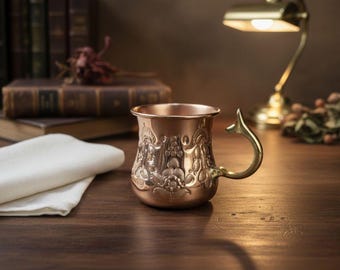 Embossed Floral Copper Mug, Brass Handle Cup ,  Coffee Tea Mug