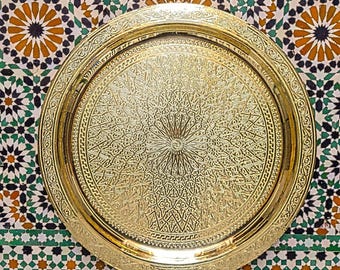 Round Moroccan Brass Tray, 20 Inch Hand Engraved Siniya, Hammered Gold Metal Wall Decor