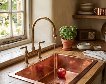 Handmade Hammered Copper Kitchen Sink, 33-inch 16 Gauge Solid Copper, Apron Front Farmhouse Single Bowl Basin
