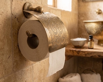 Solid Brass Toilet Paper Holder, Antique Engraved Cover, Wall Mounted Moroccan Bathroom Hardware