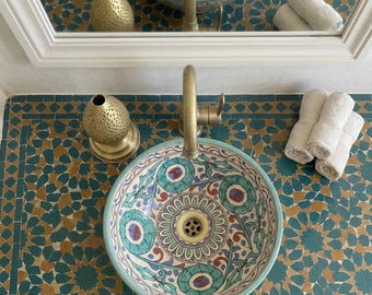 Ceramic Glazed Washbasin: Hand-Painted Moroccan Vessel Sink for Luxury Artisan Bathroom Decor