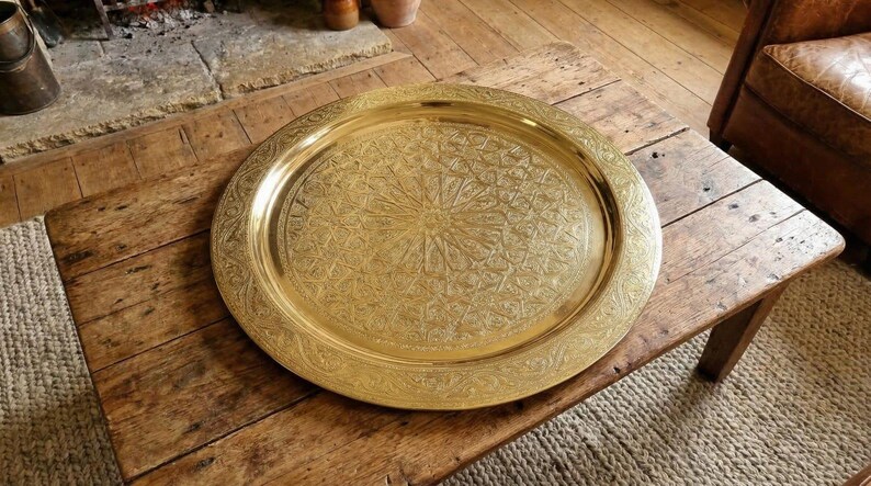 Round Moroccan Brass Tray,10 Inch Hand Engraved Siniya, Hammered Gold ...