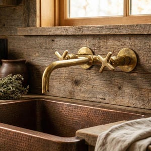 Op de afbeelding: Een rustieke gootsteen met een gehamerd koperen bekken en een messing kraan. De kraan heeft kruisvormige handgrepen en een gebogen tuit. De gootsteen staat tegen een houten achterwand, wat een warme, uitnodigende sfeer creëert.