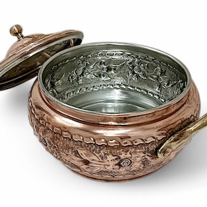 Antique Copper Pot with Lid & Brass Handle - Handmade Copper Cookware, Vintage Kitchenware