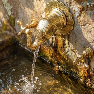 Unlacquered Brass Elephant Faucet, Wall Mount Hand-Engraved Moroccan Animal Head Spout Sink Hardware Set