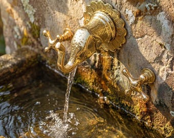 Unlacquered Brass Elephant Faucet, Wall Mount Hand-Engraved Moroccan Animal Head Spout Sink Hardware Set
