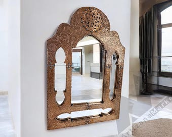 Antique Brass Arched Wall Mirror: Moroccan Design, Handmade